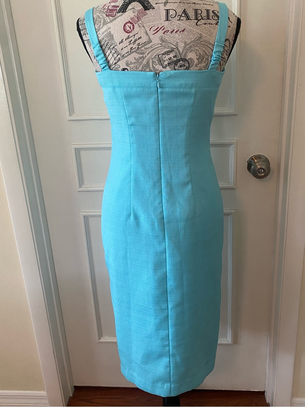Ann Taylor Petite 0P Aqua Blue Sheath Dress | Lined Career Cocktail Midi - Picture 5 of 16